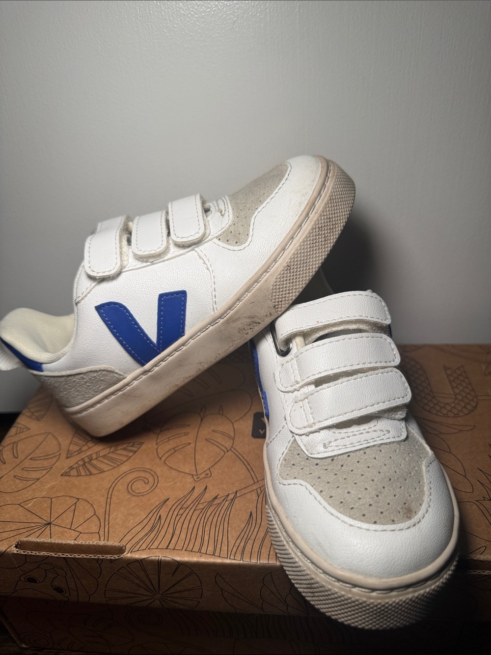 Veja White Kids Sneakers with Blue Accent - Velcro Closure
